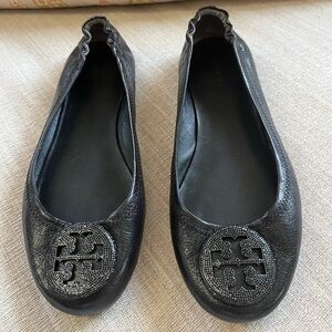 EUC Tory Burch Black Leather Minnie Travel Ballet Pave Flats. Women's Size: 7.